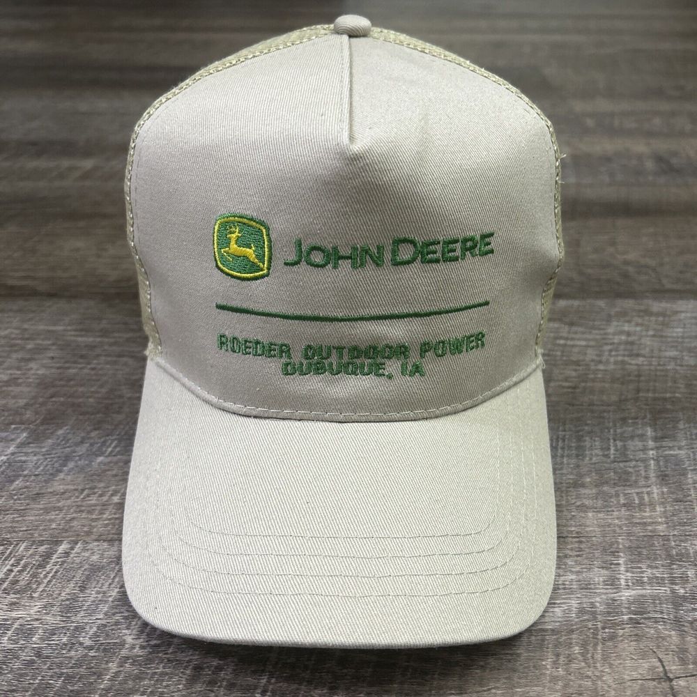 John Deere Trucker Hat Tan VTG Snapback Farmer Tractor USA Dubuque Iowa Midwest‎